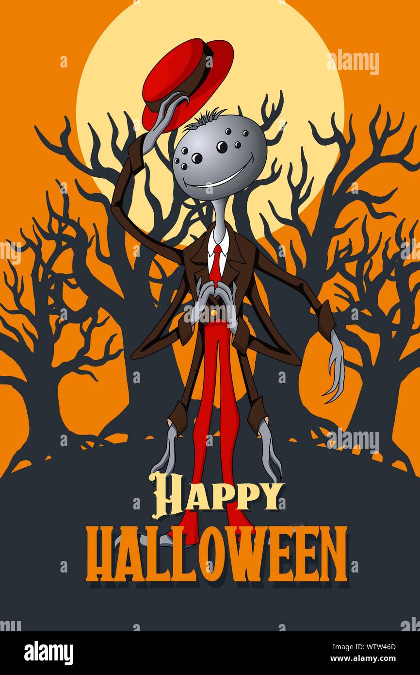 Vector Happy Halloween spider on orange moonlight background with trees ...