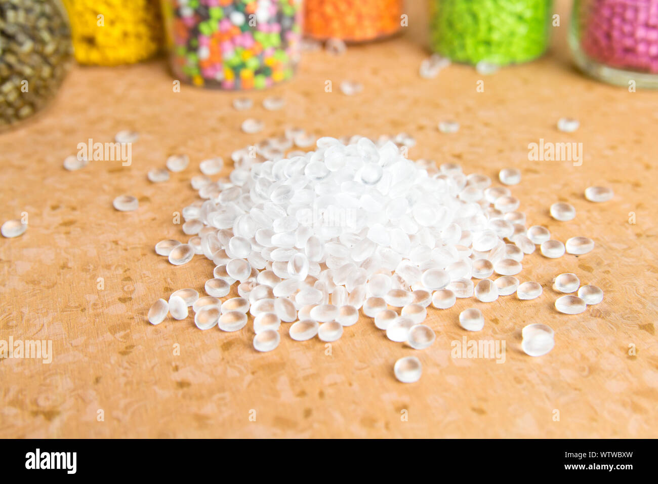 Plastic pellets. Polyethylene granules. Plastic Raw material PE-HD. PE-LD polymer. BPA FREE Stock Photo