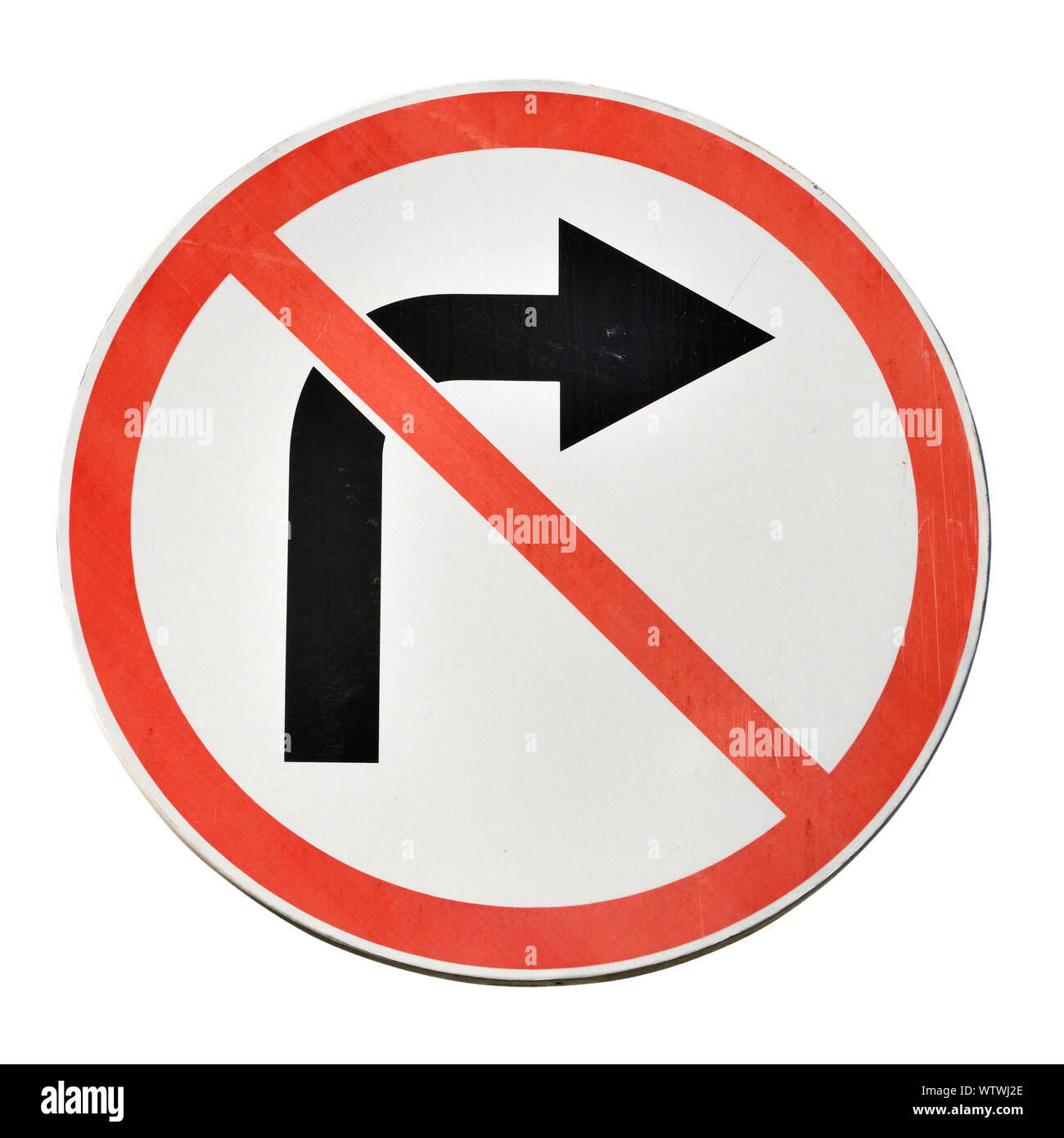 No turn to right, old road sign isolated on white background Stock Photo