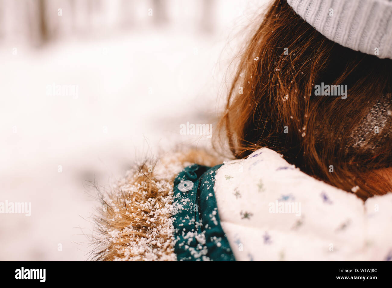 Rear view of a girl with snow on her fur hood and hair Stock Photo - Alamy
