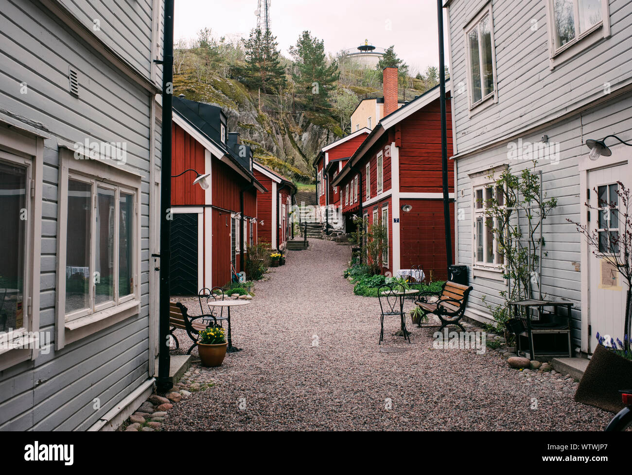 Traditional Swedish street of red wooden houses in Sweden Stock Photo