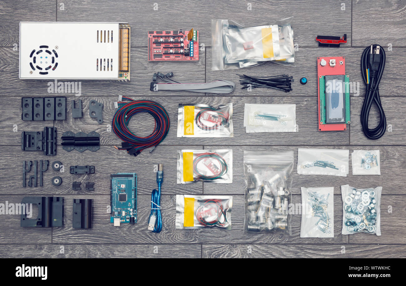 Flat lay of electronic and mechanical parts and components of DIY