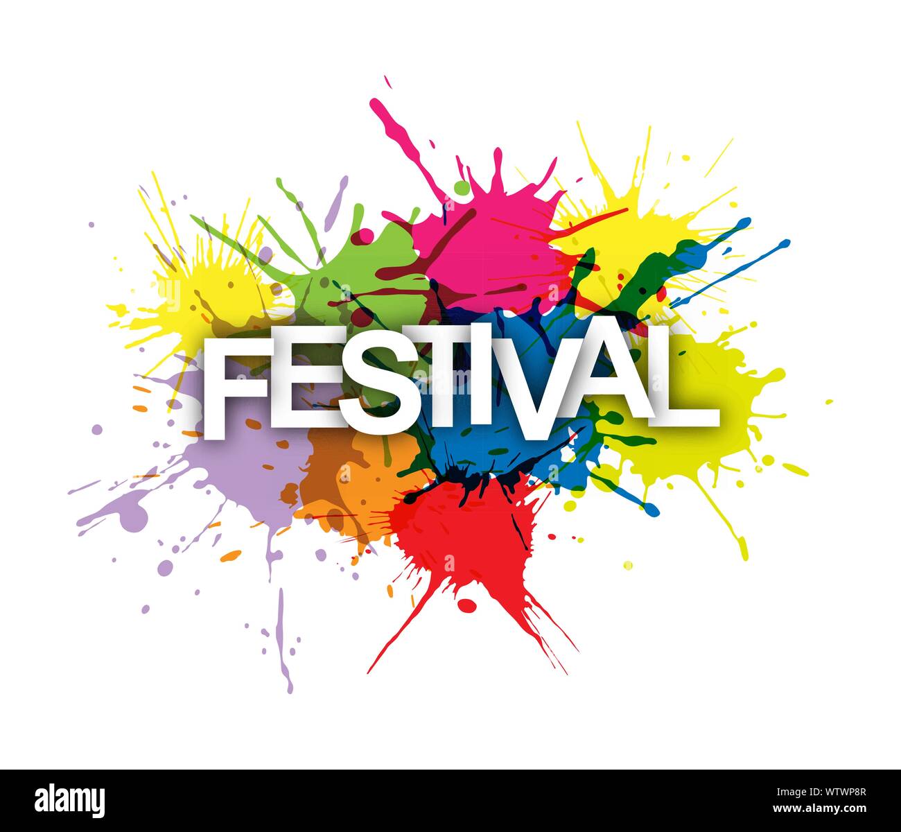 FESTIVAL. Word on a background of colored paint splashes. Stock Vector