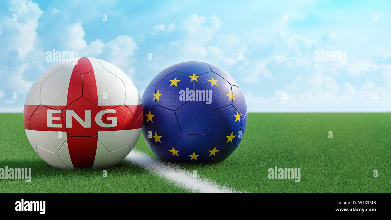 England vs. Europe - Soccer balls in England and Europe flag colors on a soccer field. Copy ...