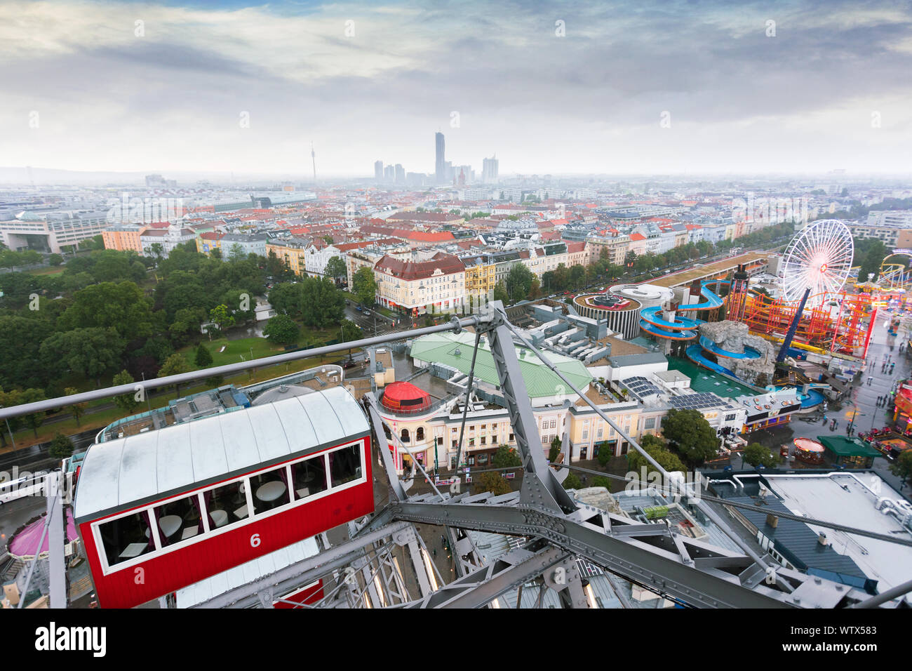 Great Vienna Public Prater amusement park in cloudy weather, Vienna,  Austria. View from the Ferris Wheel to neighboring cabs. Construction  details, cl Stock Photo - Alamy