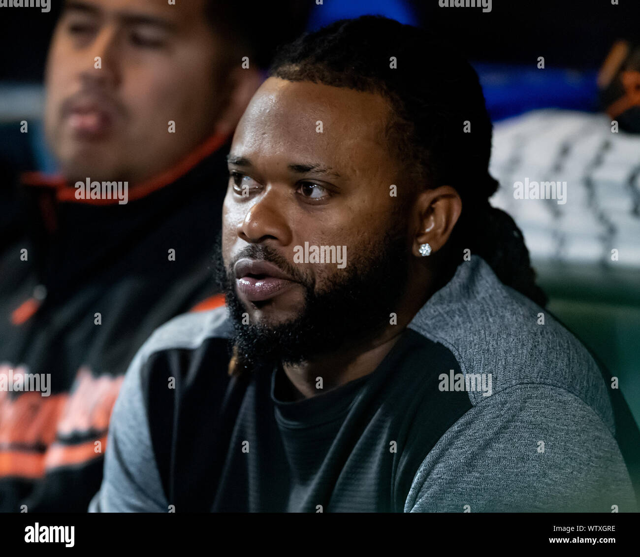 San Francisco, California, USA. 11th Sep, 2019. San Francisco Giants starting pitcher Johnny Cueto (47) hangs out in the dugout after his first game back last night after having Tommy John surgery, during a MLB game between the Pittsburgh Pirates and the San Francisco Giants at Oracle Park in San Francisco, California. Valerie Shoaps/CSM/Alamy Live News Stock Photo