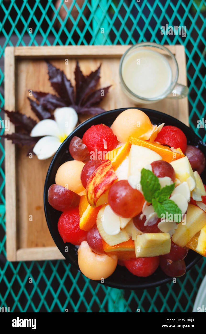 Fresh fruit salad with sauces Stock Photo Alamy