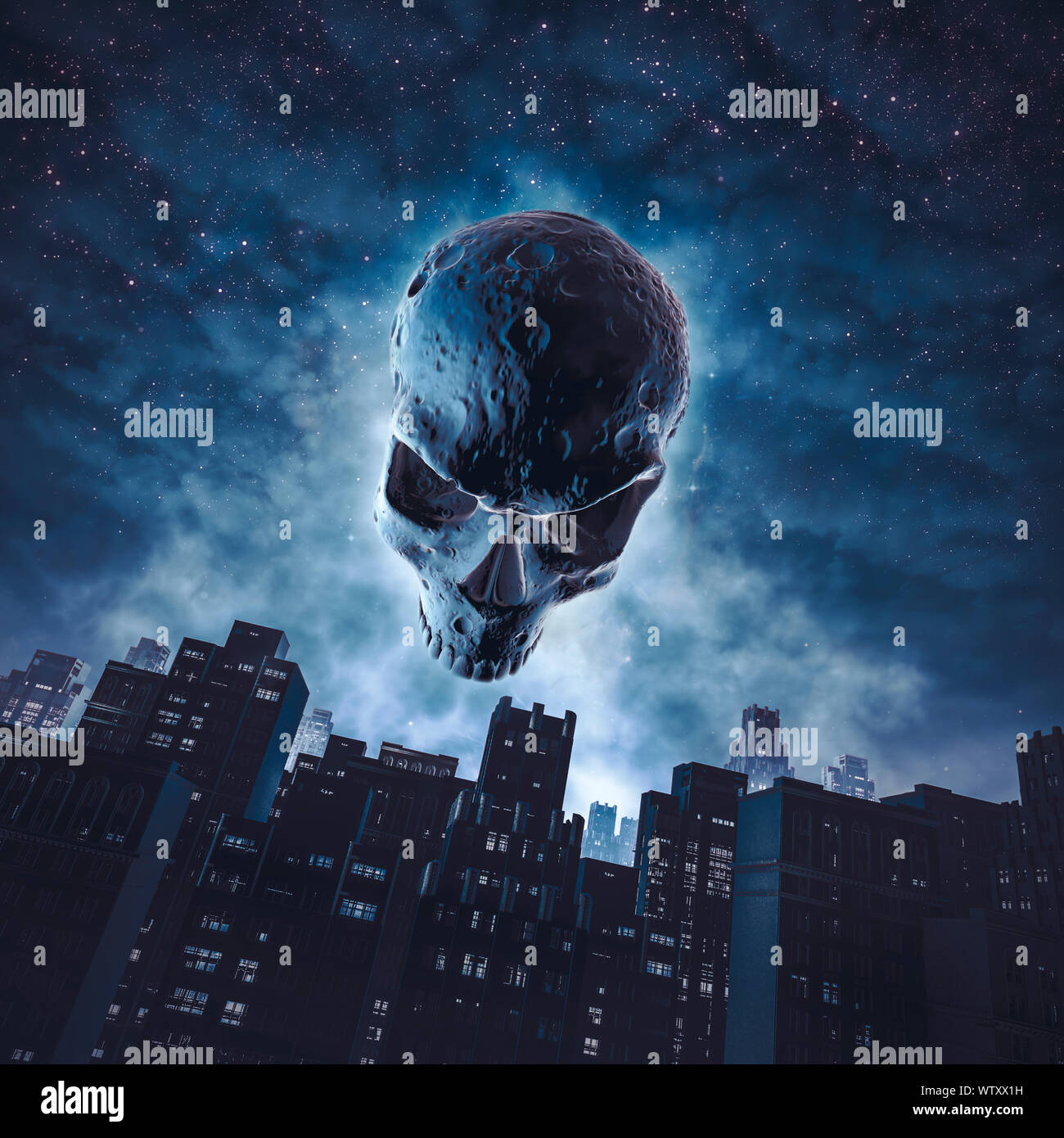 The face of Halloween / 3D illustration of skull moon rising over city buildings against starry night sky Stock Photo