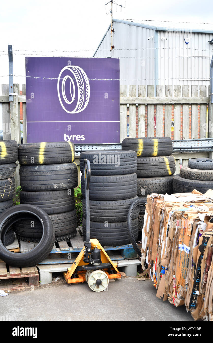 pile of tyres for recycling at council recycling centre united kingdom Stock Photo