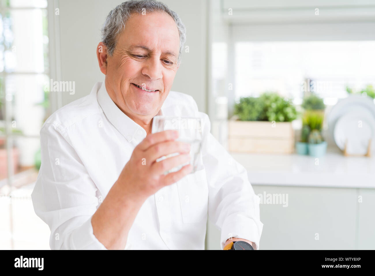 Handsome senior man holding a fresh glass of water and smiling Stock ...