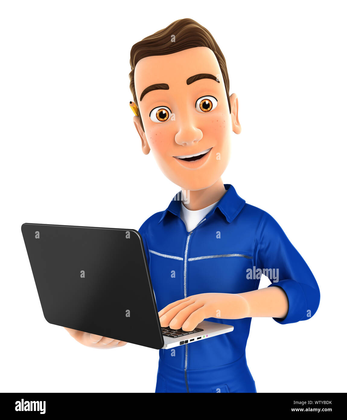 3d mechanic standing and holding laptop, illustration with isolated white background Stock Photo