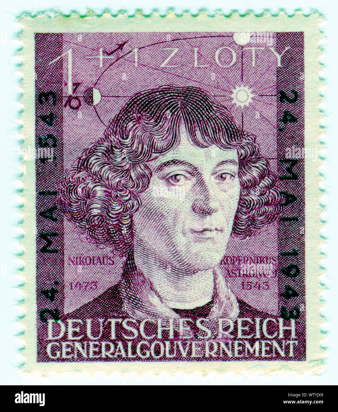 GERMANY - CIRCA 1943: A stamp printed in Nazi Germany of Polish astronomerÂ  Nicolas Copernicus , circa 1943 Stock Photo