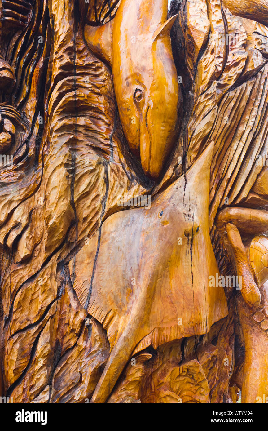 Detail from a large wooden sculpture (Tree of Life) created from a dead tree outside the corner of St Anne's Park, near Bull Island, Raheny, Ireland Stock Photo