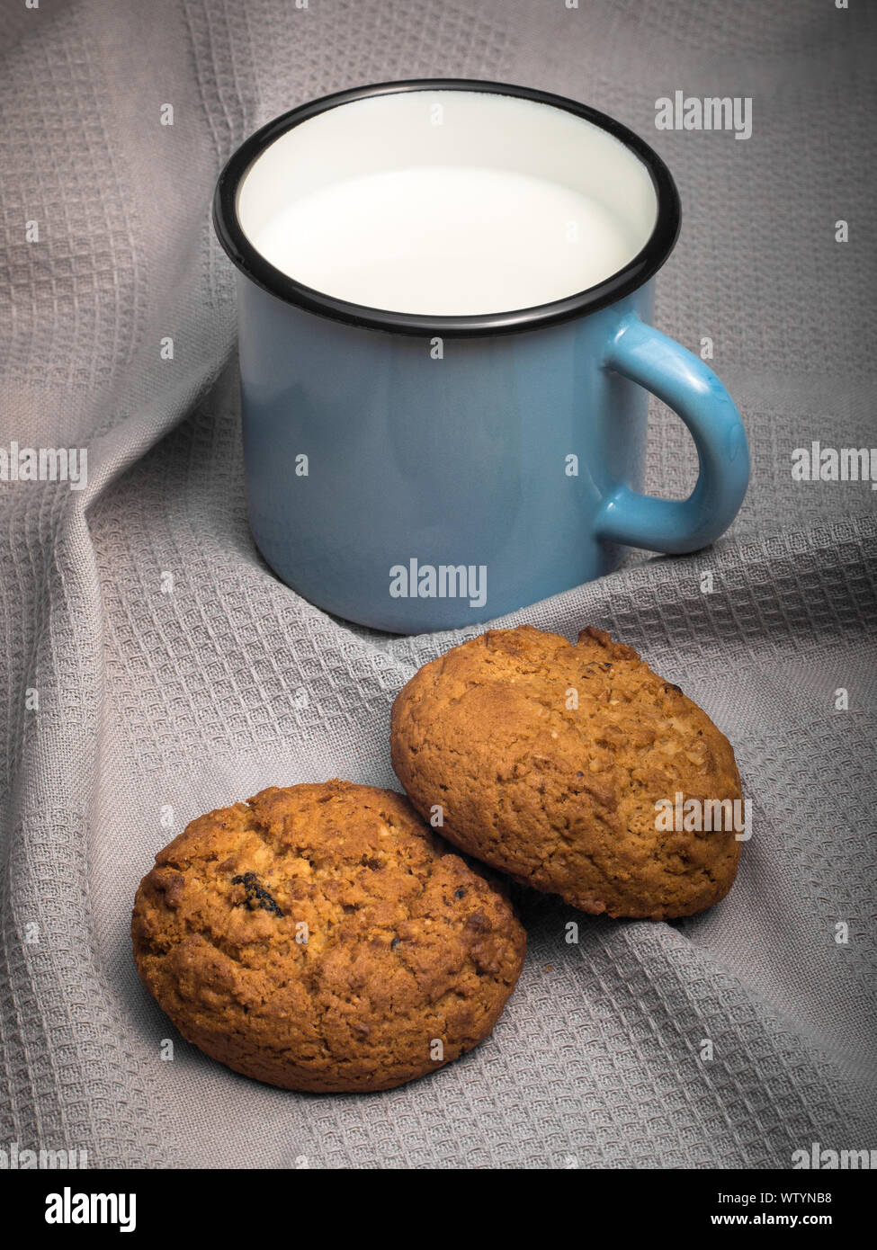Still life with mug of milk and oat cookies on grey textile background Stock Photo