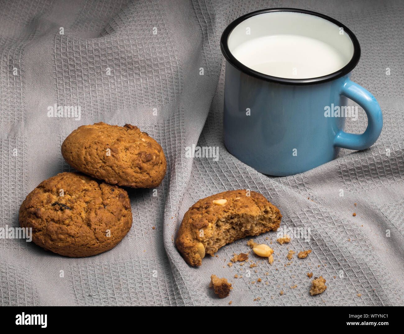 Still life with mug of milk and oat cookies on grey textile background Stock Photo