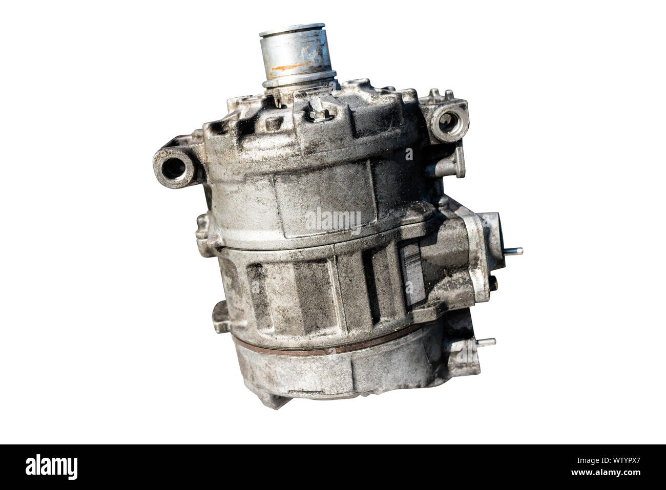 Old air conditioning compressor used in the car, isolated on a white ...