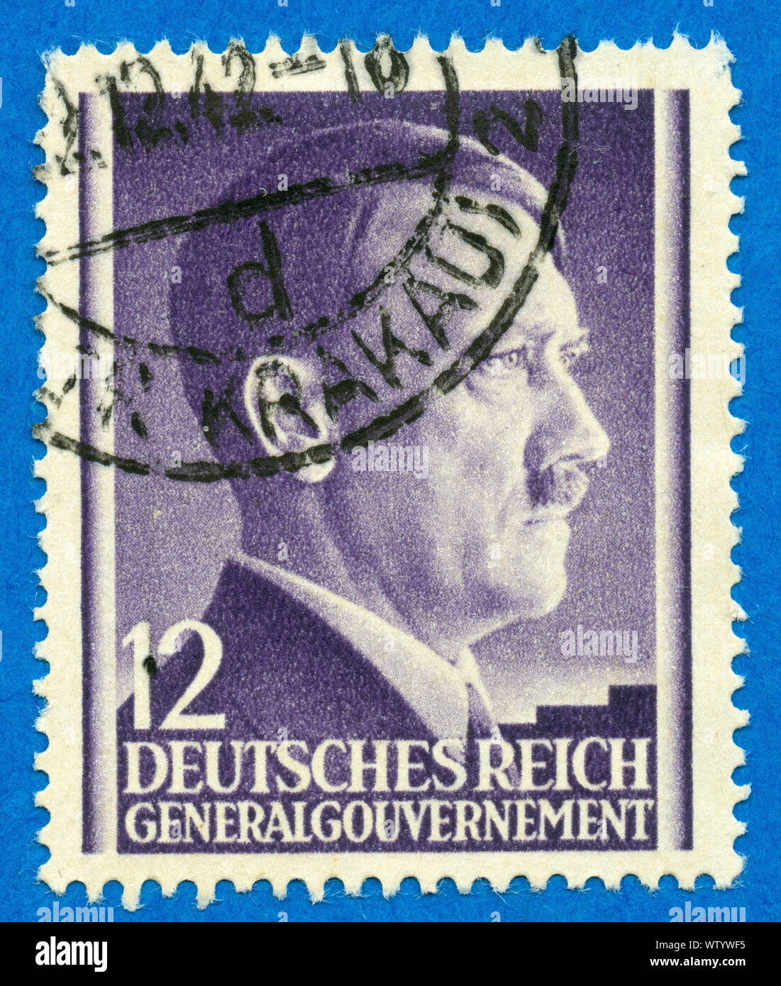 GERMANY - CIRCA 1942: An GERMANY Used Postage Stamp showing Portrait of Adolf Hitler, circa 1942. Stock Photo