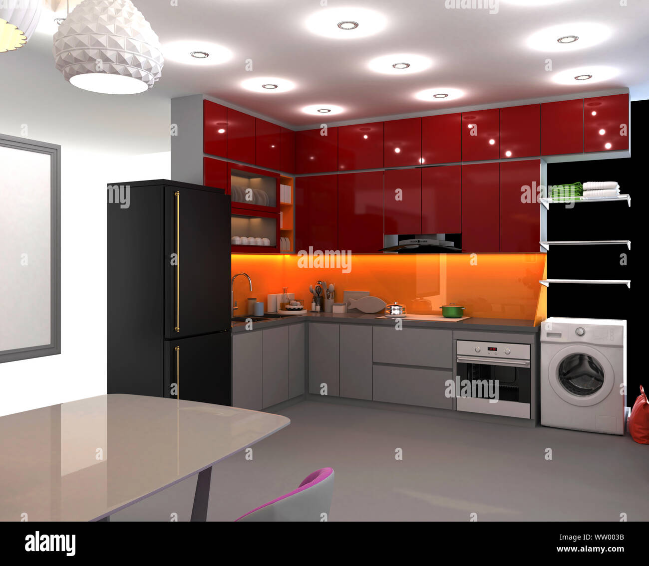 3d render. Kitchen and dining room interior Stock Photo - Alamy