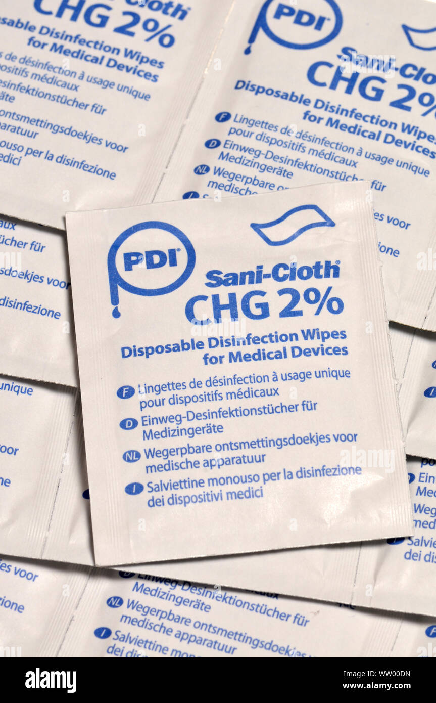 Sani-Cloth disposable disinfection wipes for medical devices Stock Photo