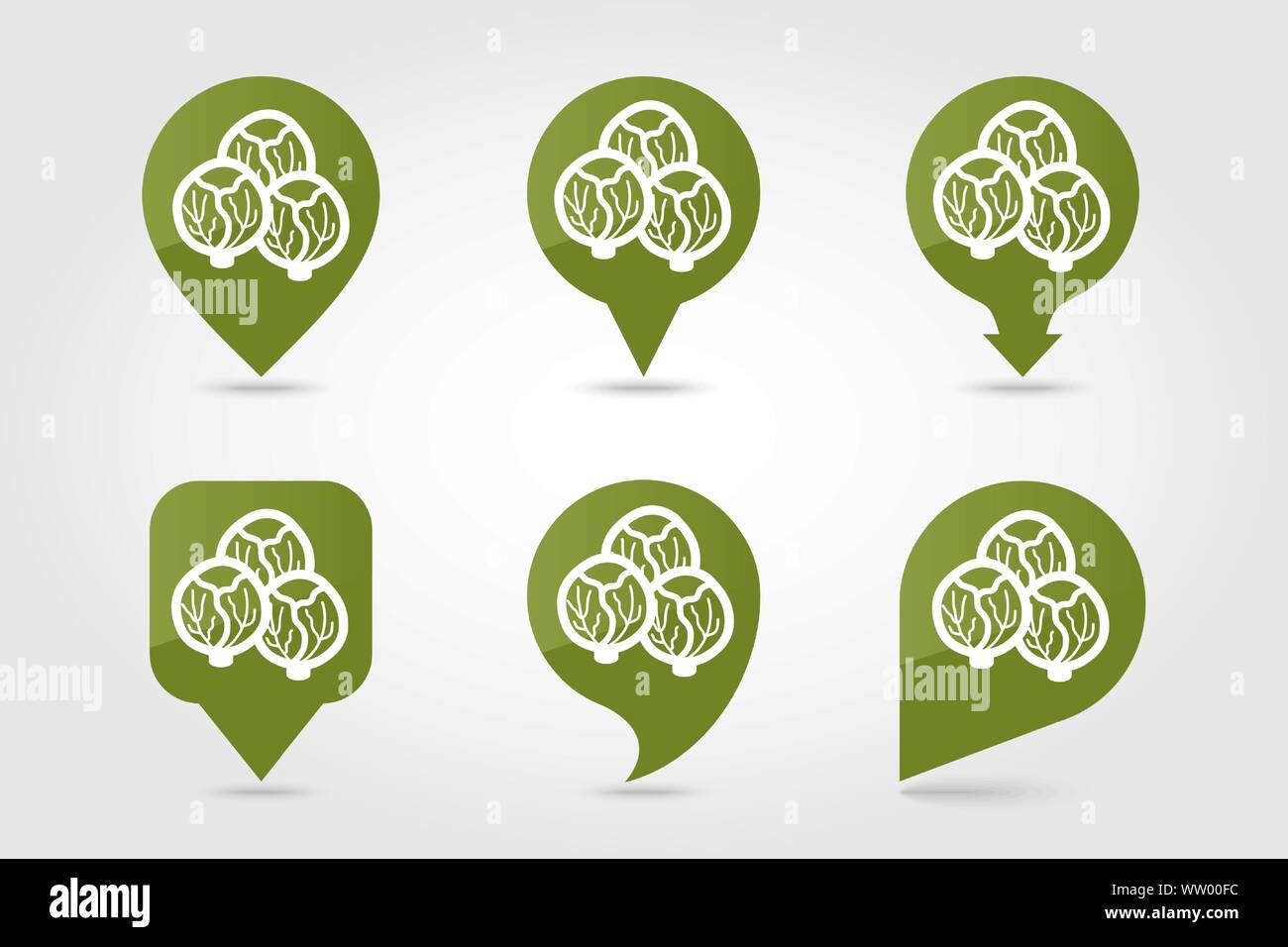 Brussels sprouts flat vector pin map icon. Map pointer. Map markers. Vegetable vector illustration Stock Vector