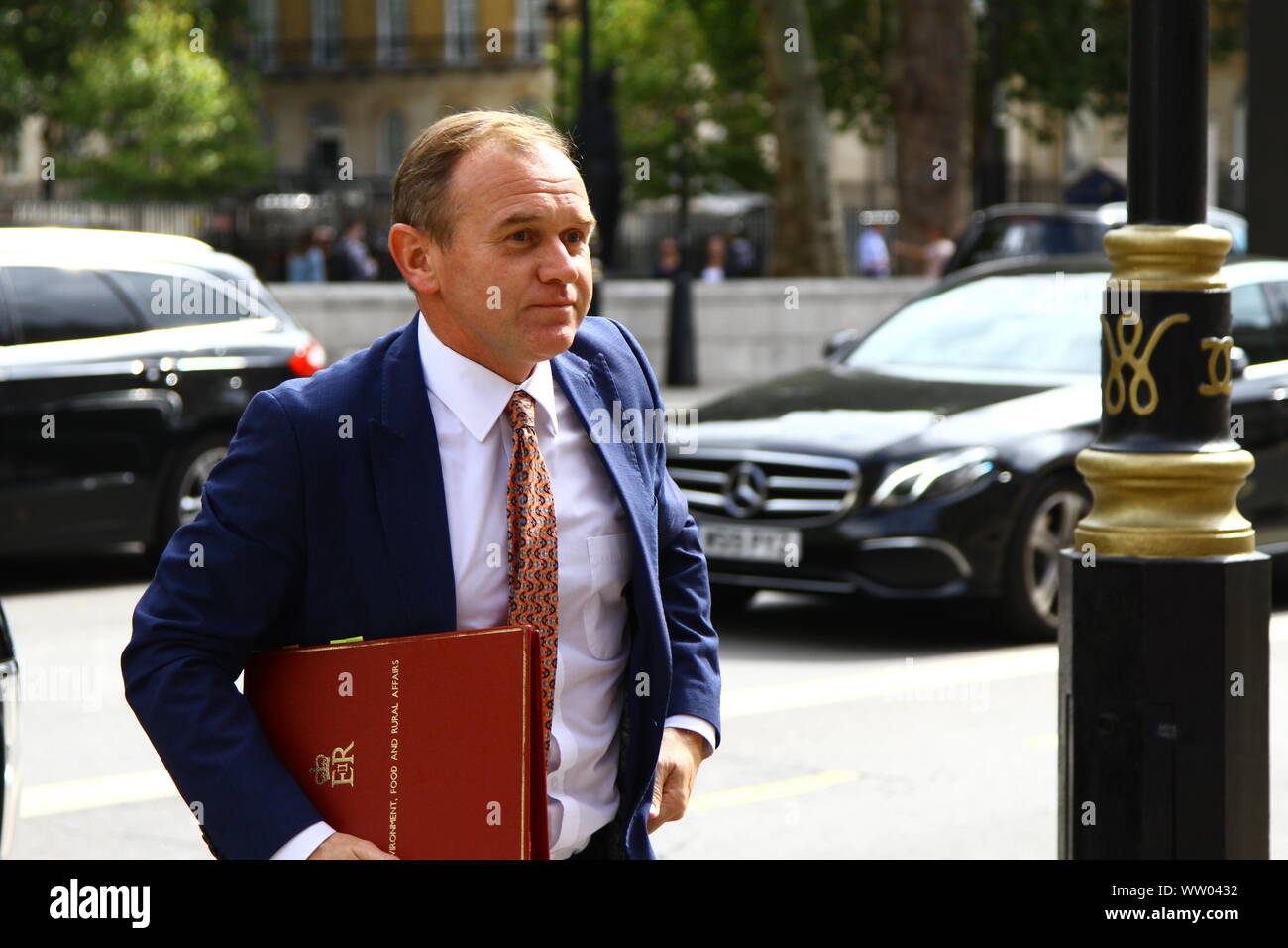GEORGE EUSTICE MP MINISTER OF STATE FOR THE DEPARTMENT OF ENVIRONMENT, FOOD AND RURAL AFFAIRS IN WHITEHALL, WESTMINSTER ON THE 10TH SEPTEMBER 2019. CONSERVATIVE PARTY MPS. MINISTERS. TORY MPS. GOVERNMENT. BORIS JOHNSON GOVERNMENT. Stock Photo