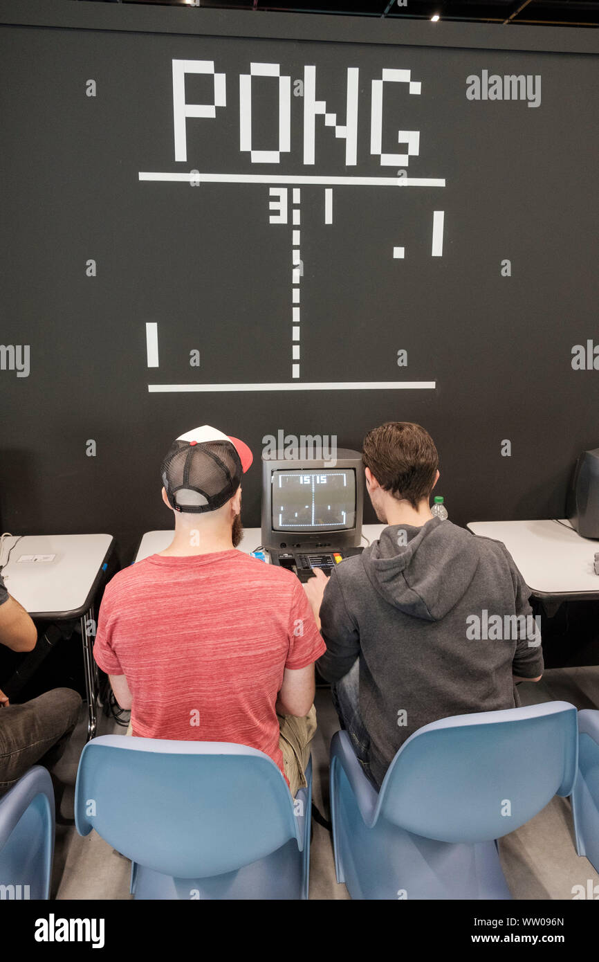 classic computer game Pong on old monitor in the retro area at gamescom , world’s largest trade fair for computer and video games in Cologne, Germany on  August 21, 2019 Stock Photo