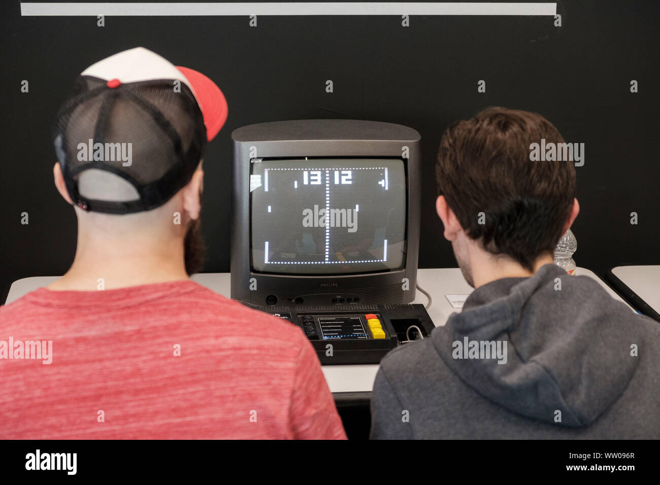 classic computer game Pong on old monitor in the retro area at gamescom , world’s largest trade fair for computer and video games in Cologne, Germany on  August 21, 2019 Stock Photo