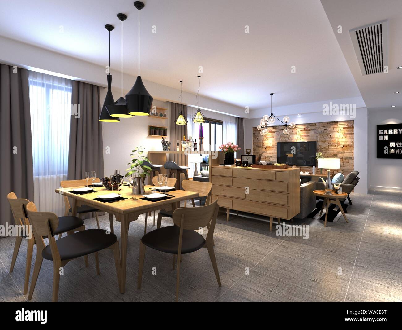 11d render. Living and dining room interior Stock Photo - Alamy