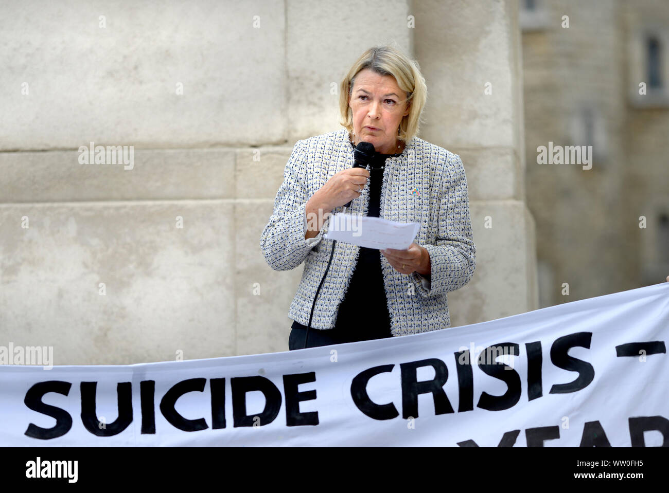 Barbara Keeley MP (Lab: Worsley and Eccles South) Shadow Minister for Mental Health & Social Care - speaking at a protest opposite Parliament on World Stock Photo