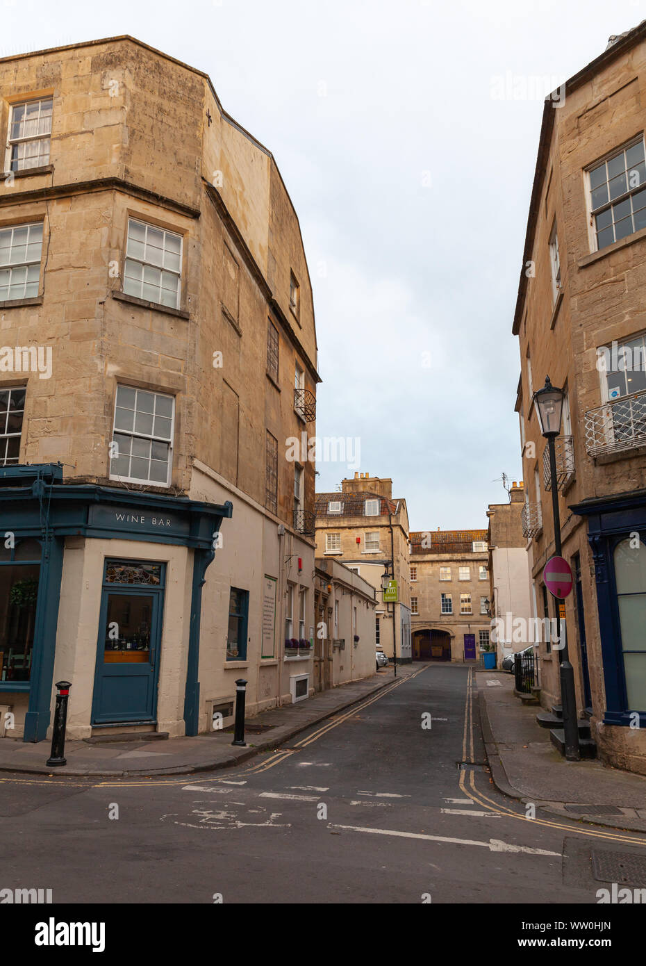 Bath, United Kingdom - November 1, 2017: Street view with old stone living houses of Bath, Somerset.  The city became a World Heritage Site in 1987 Stock Photo