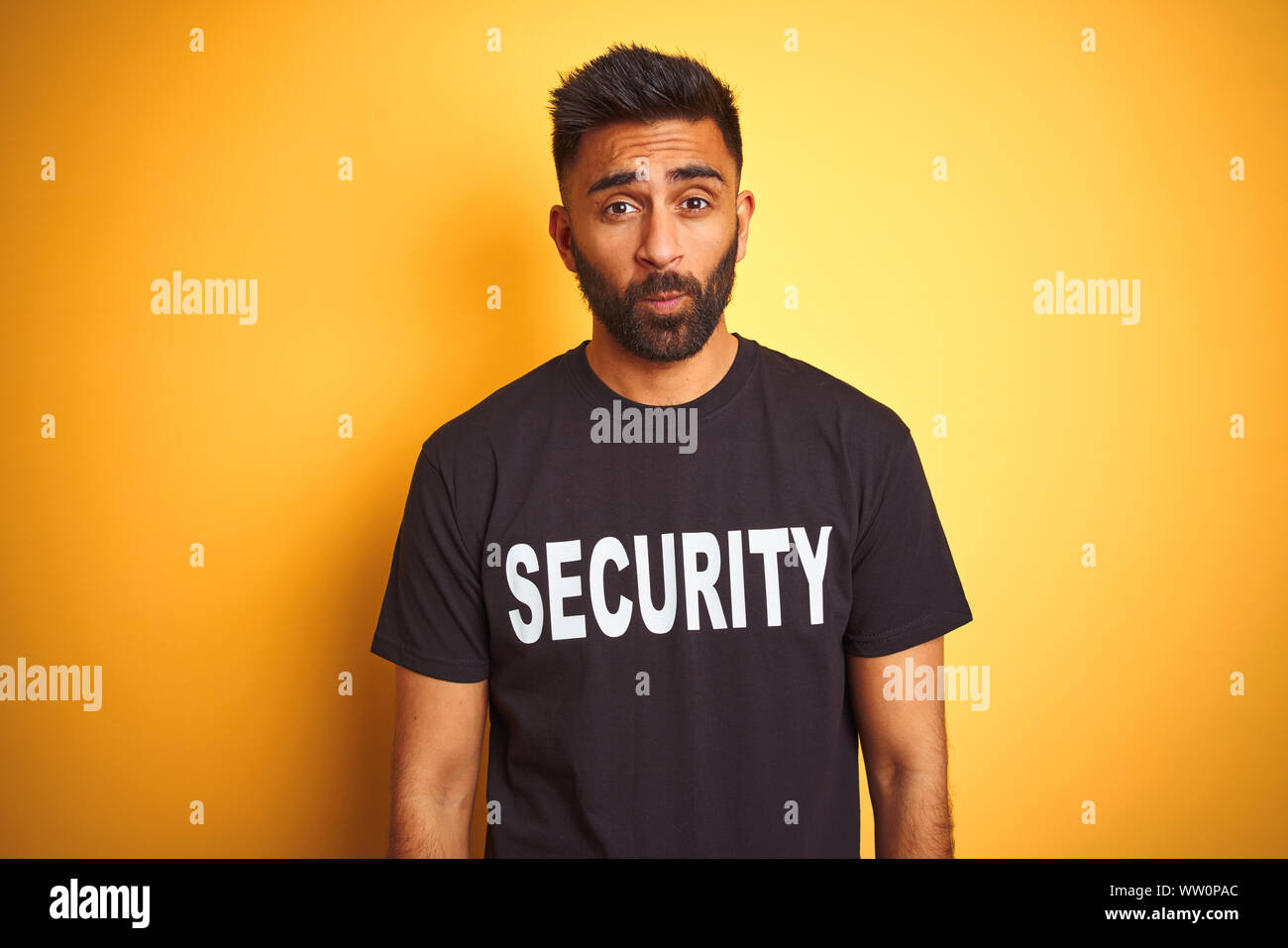 Arab indian hispanic safeguard man wearing security uniform over ...