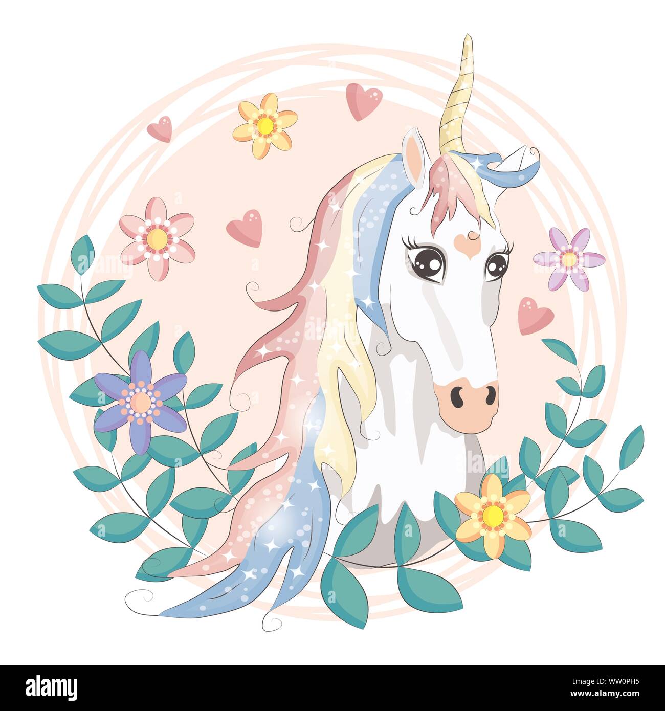 Cute Cartoon Unicorn With Flowers On A Pink Background Stock