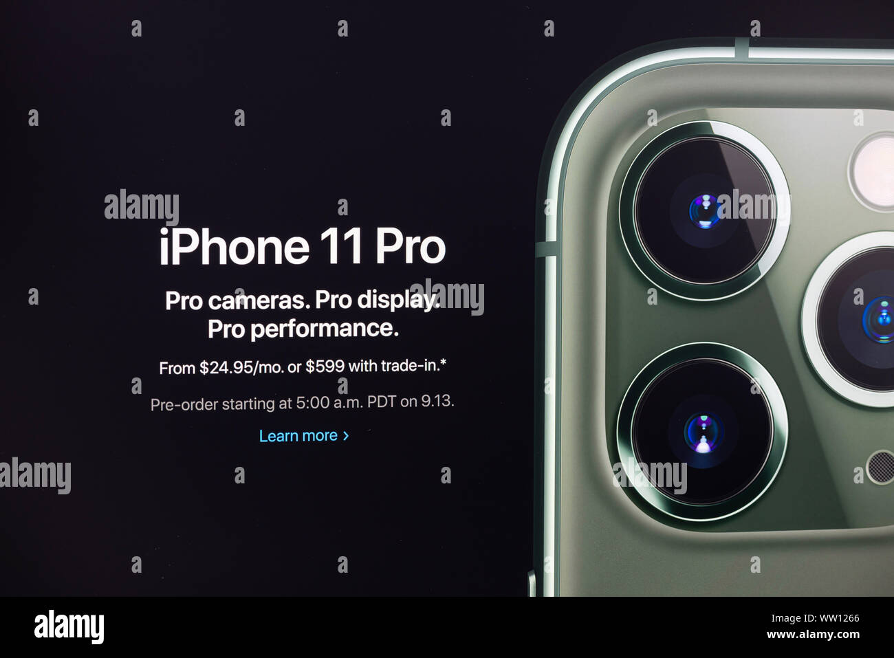 A shot from apple.com website about the Apple Inc. officially announced the iPhone 11 Pro at Apple Special Event. Stock Photo