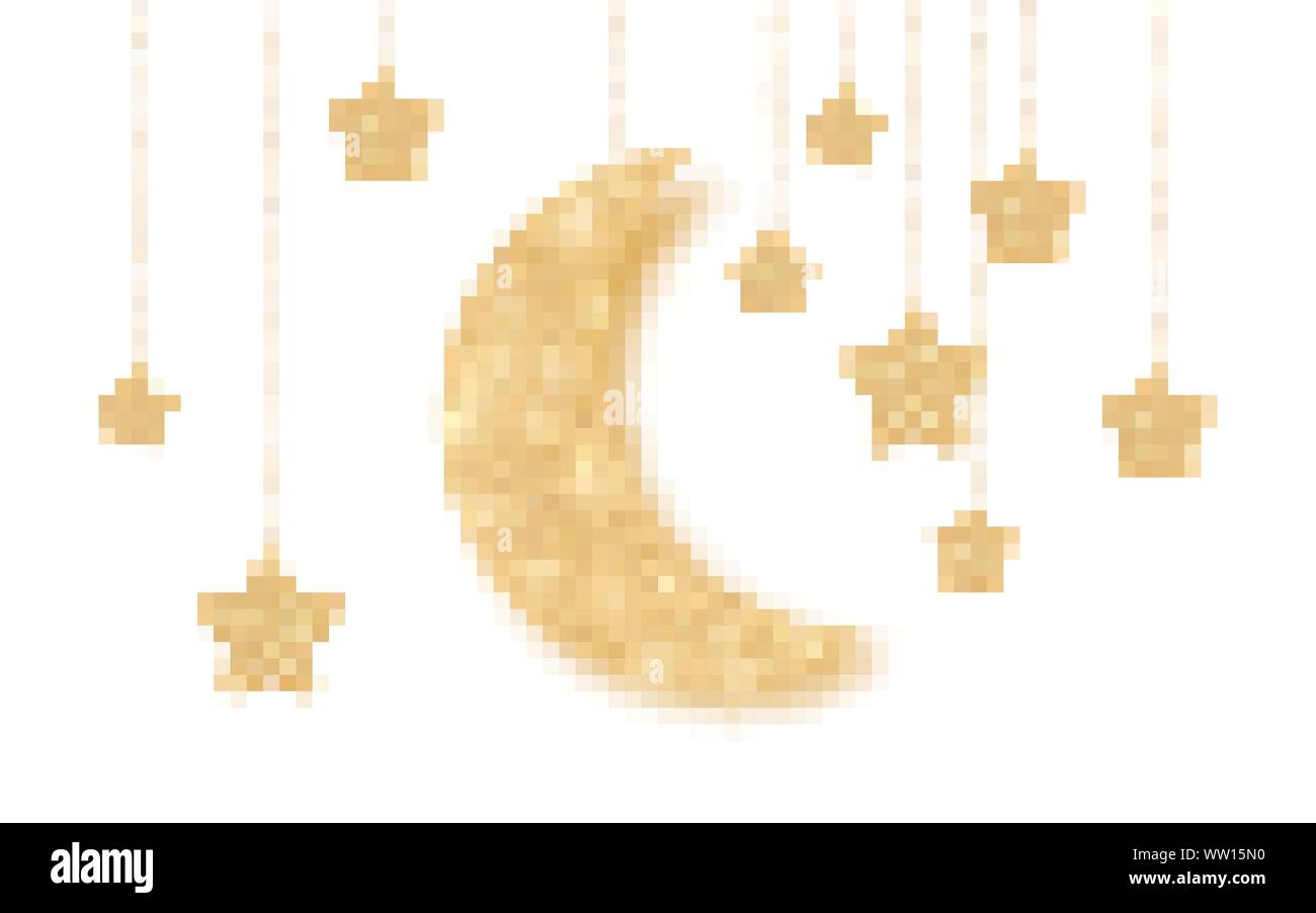 Ramadan Kareem background with gold handing shiny glitter glowing moon with stars on white background. Vector illustration. Stock Vector