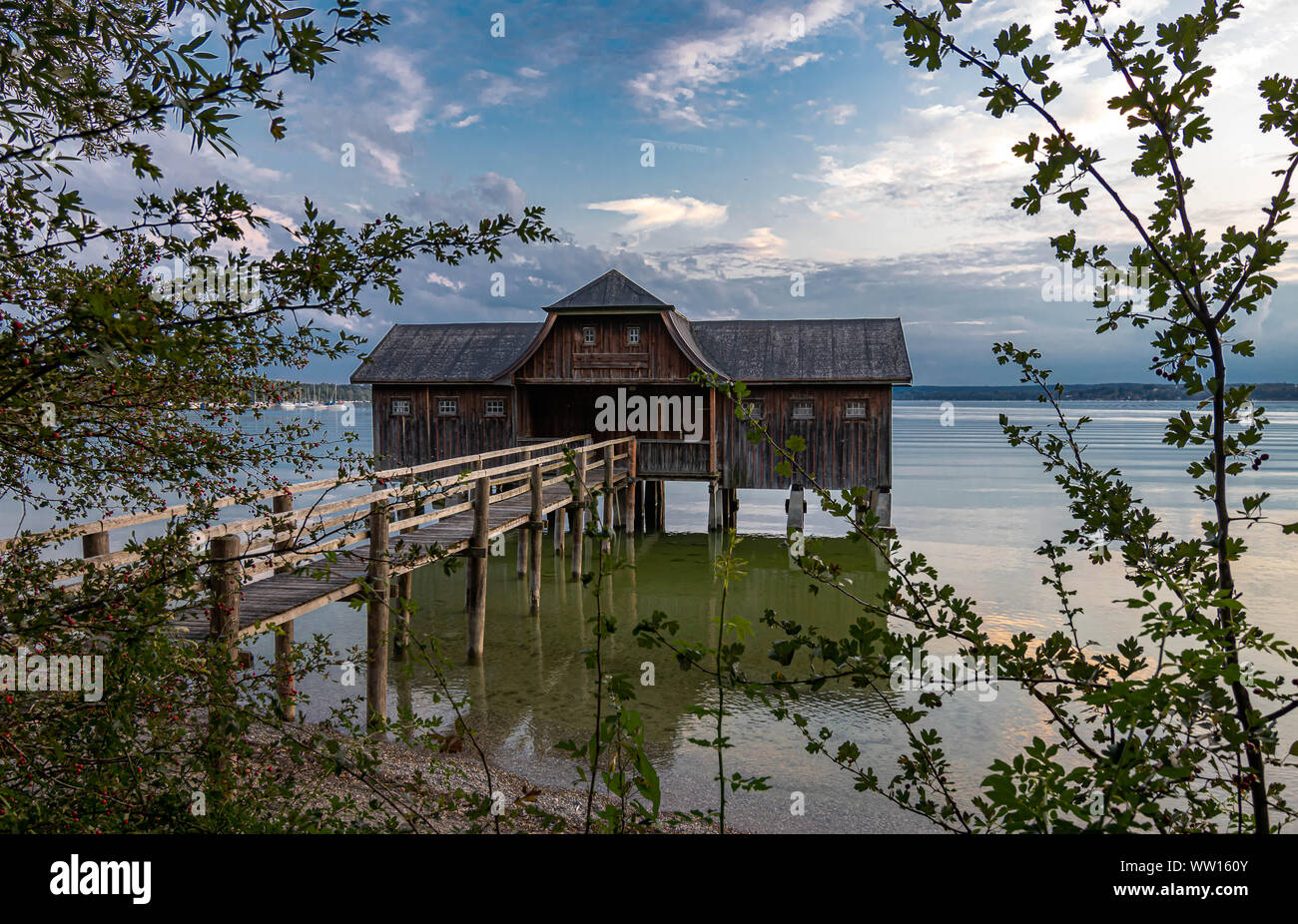 relaxing at boat house at lake Ammersee Stock Photo