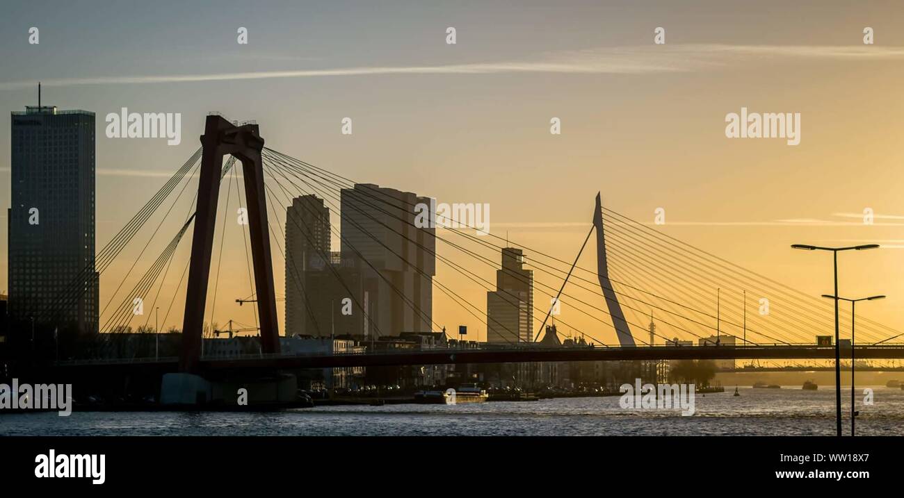 Suspension Bridges Over Nieuwe Maas Against Sky During Sunset Stock Photo