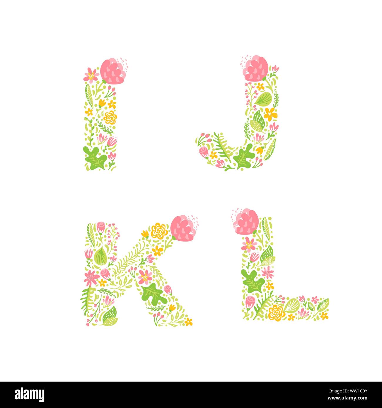 Vector Hand Drawn floral uppercase letter monograms or logo. Uppercase Letters I, J, K, L with Flowers and Branches Blossom. Floral Design Stock Vector