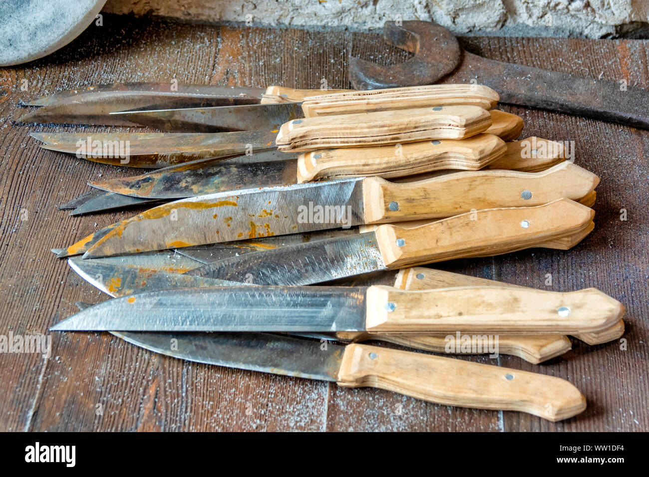 Handmade knives in the village of Damerchi, famous in Azerbaijan for its blacksmiths Stock Photo