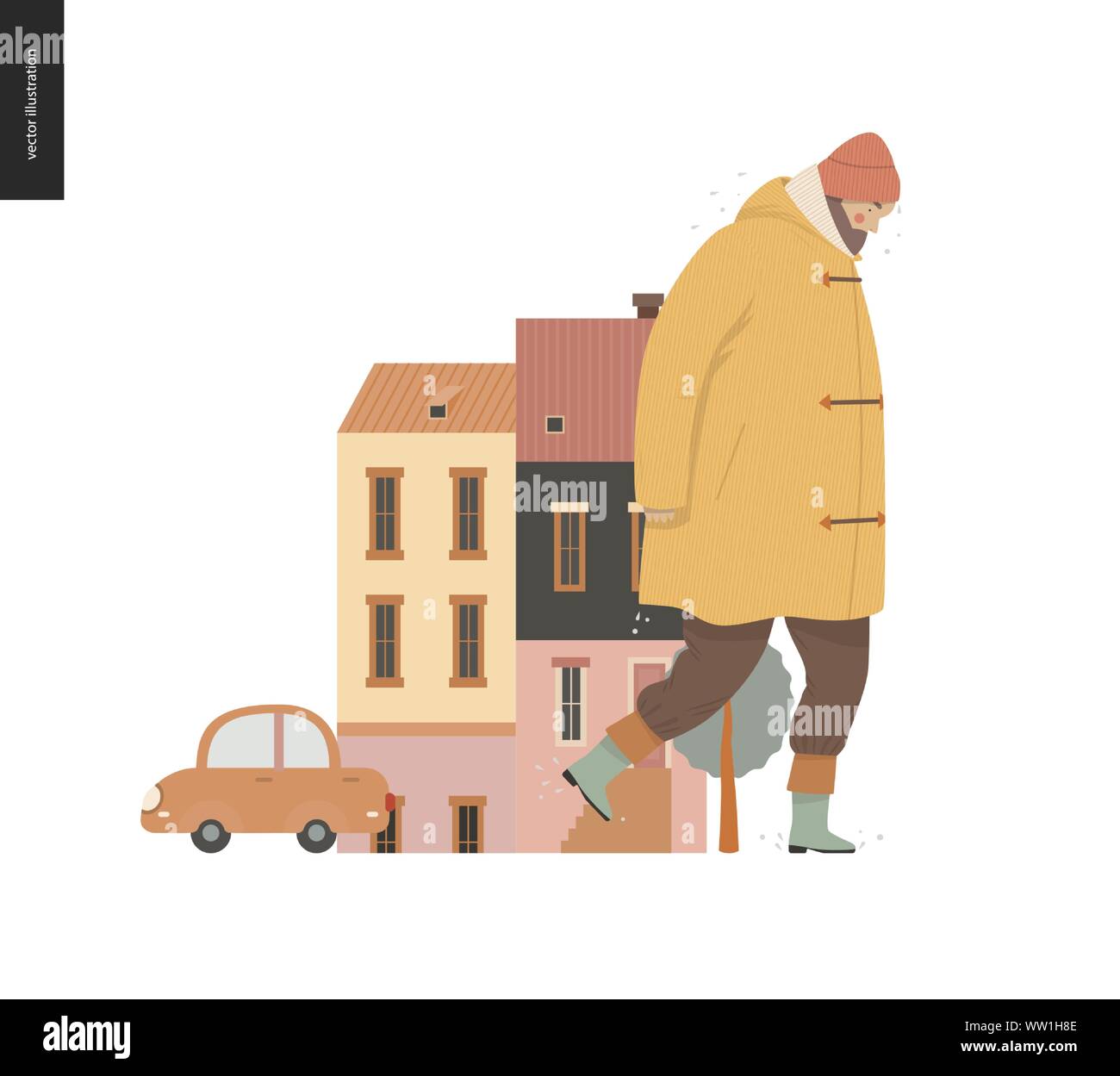 Rain - walking man -modern flat vector concept illustration of a an adult bearded man wearing a coat, a wool cap and boots, walking under the rain in Stock Vector