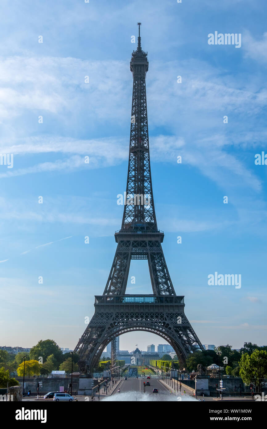 France. Paris. Summer sunny morning. Eiffel tower and blue sky Stock Photo