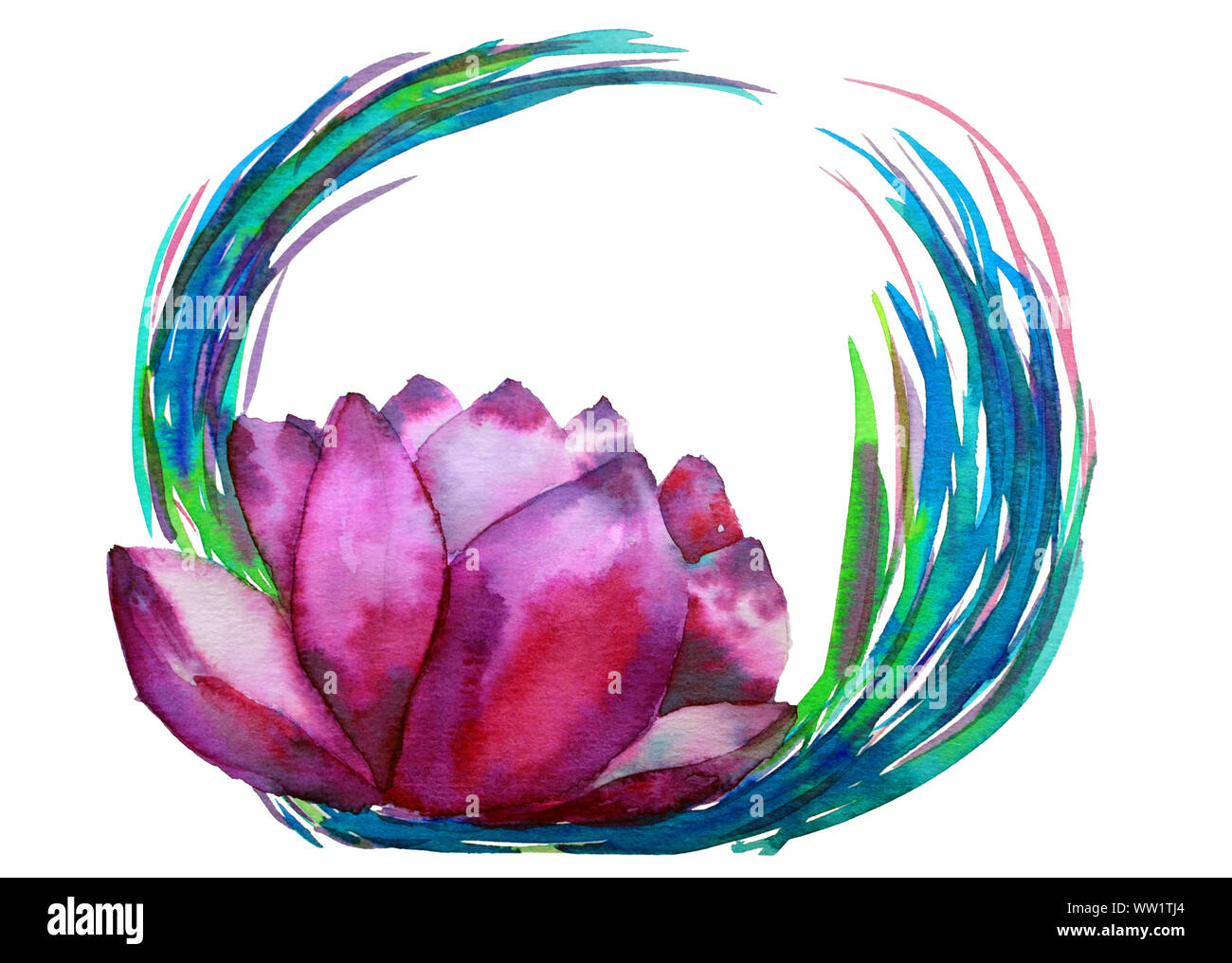Watercolor lotus in pink colors isolated on a white background with blue round watercolor frame. Can be used for banner, cards, wedding invitations Stock Photo