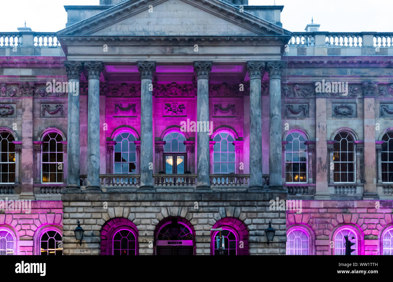 Town Hall lite up with violet light in Liverpool Stock Photo