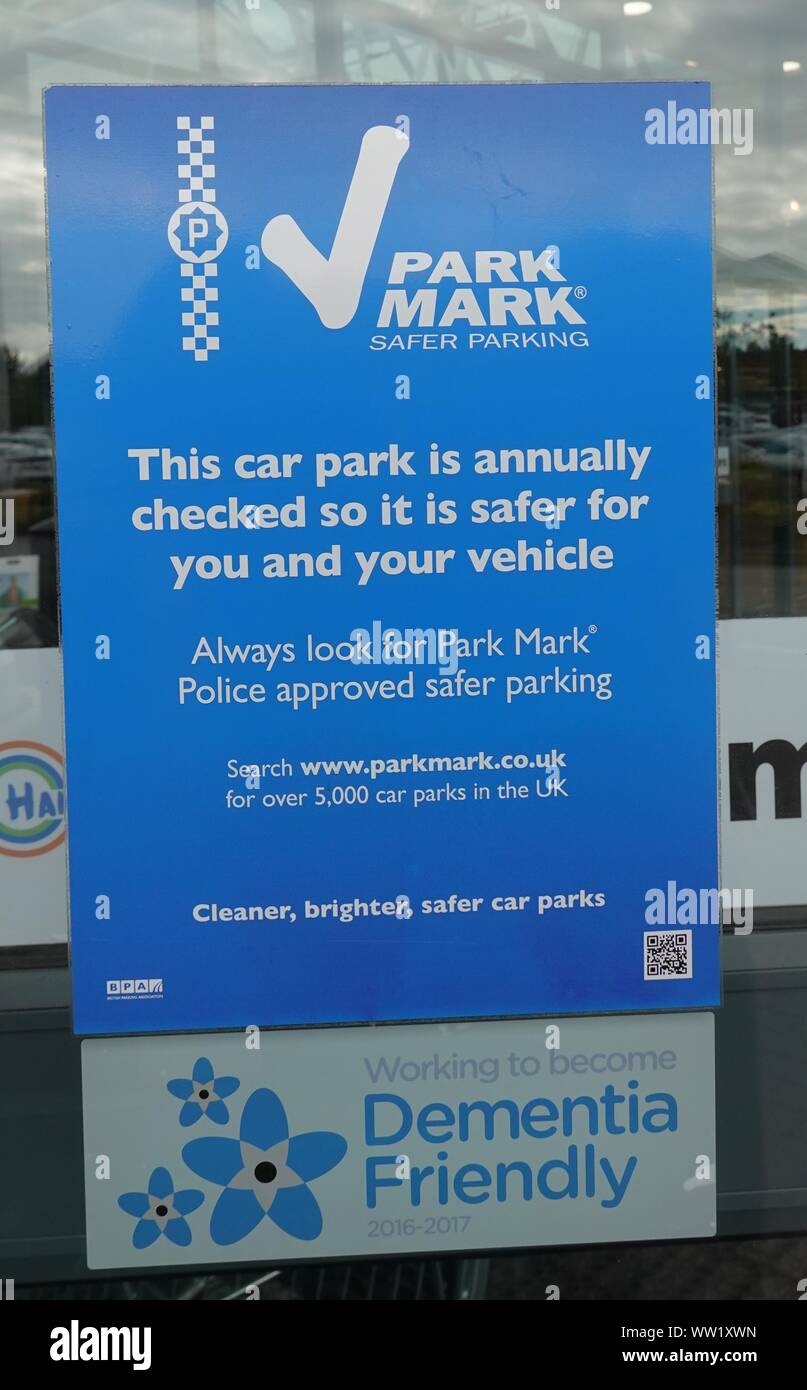 A Park Mark notice at the out-of-town shopping centre at Handforth Dean, near Wilmslow, Cheshire. Stock Photo