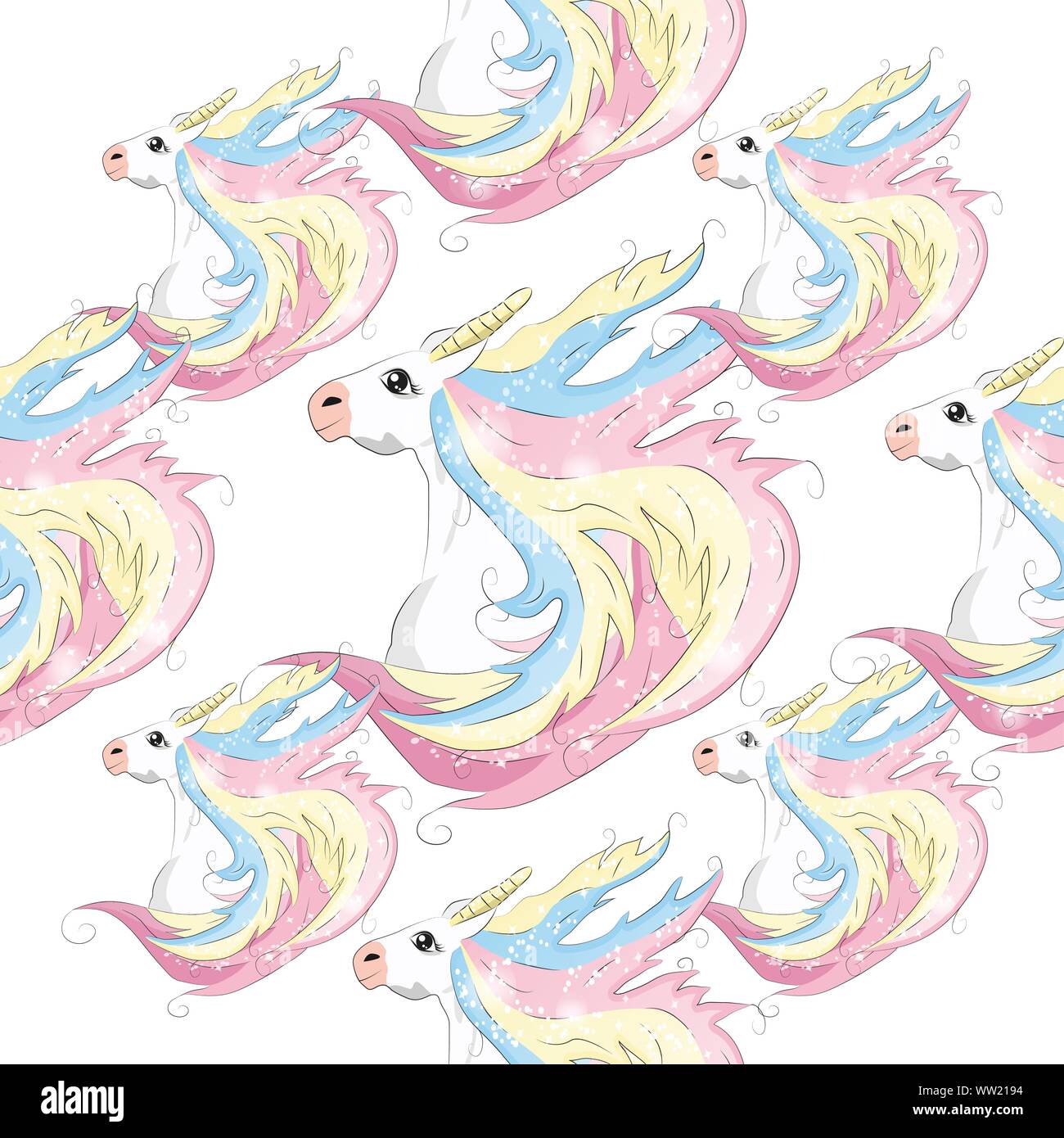 Seamless pattern with cute unicorns, clouds,rainbow and stars. Magic ...