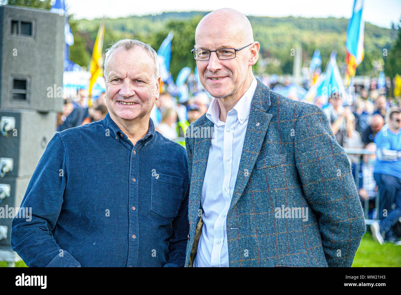 Perth, Perth And Kinross, UK. 7th Sep, 2019. Pete Wishart, SNP MP for Perthshire and John Swinney Deputy First Minister of Scotland and Cabinet Secretary for Education and Skills pose for a photo during the event.Thousands of Scottish independence supporters marched through Perth as part of the ''˜all under one banner' protest, as the coalition aims to run such events until Scotland is ''˜freeâ Credit: Stewart Kirby/SOPA Images/ZUMA Wire/Alamy Live News Stock Photo