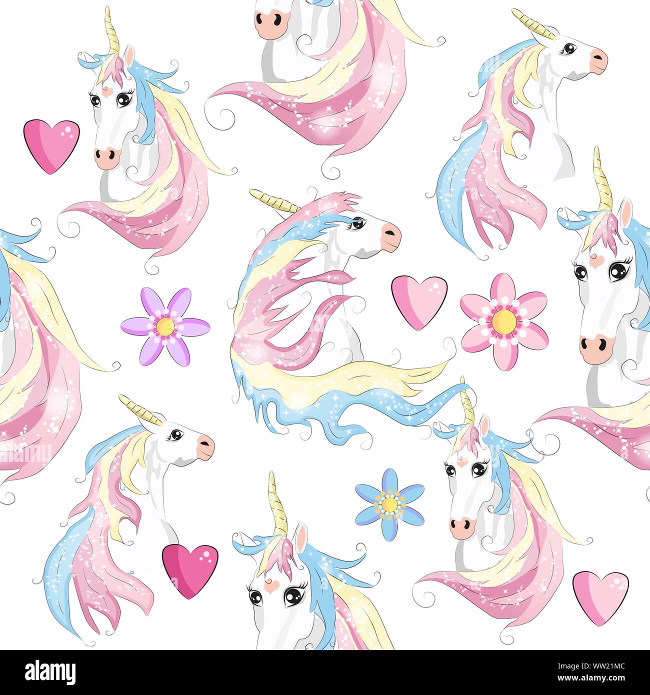 Seamless pattern with cute unicorns, clouds,rainbow and stars. Magic ...