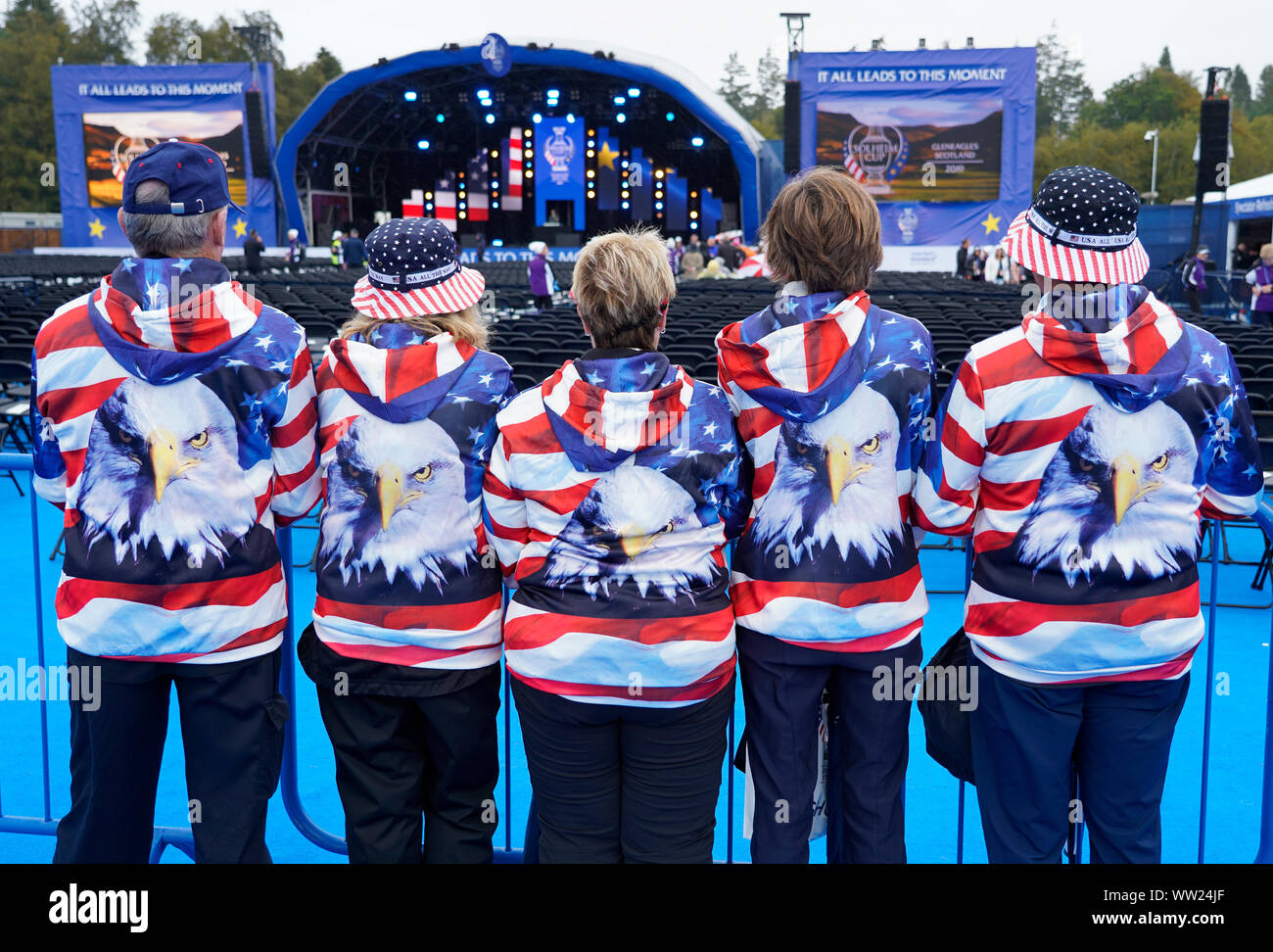 Auchterarder, Scotland, UK. 12 September 2019. Final practice day for the 2019 Solheim Cup before the official opening saw many patriotic fans arrive on the course at Gleneagles. Pictured; Team USA fans from Delaware in the USA wearing patriotic American Eagle shirts. Iain Masterton/Alamy Live News Stock Photo
