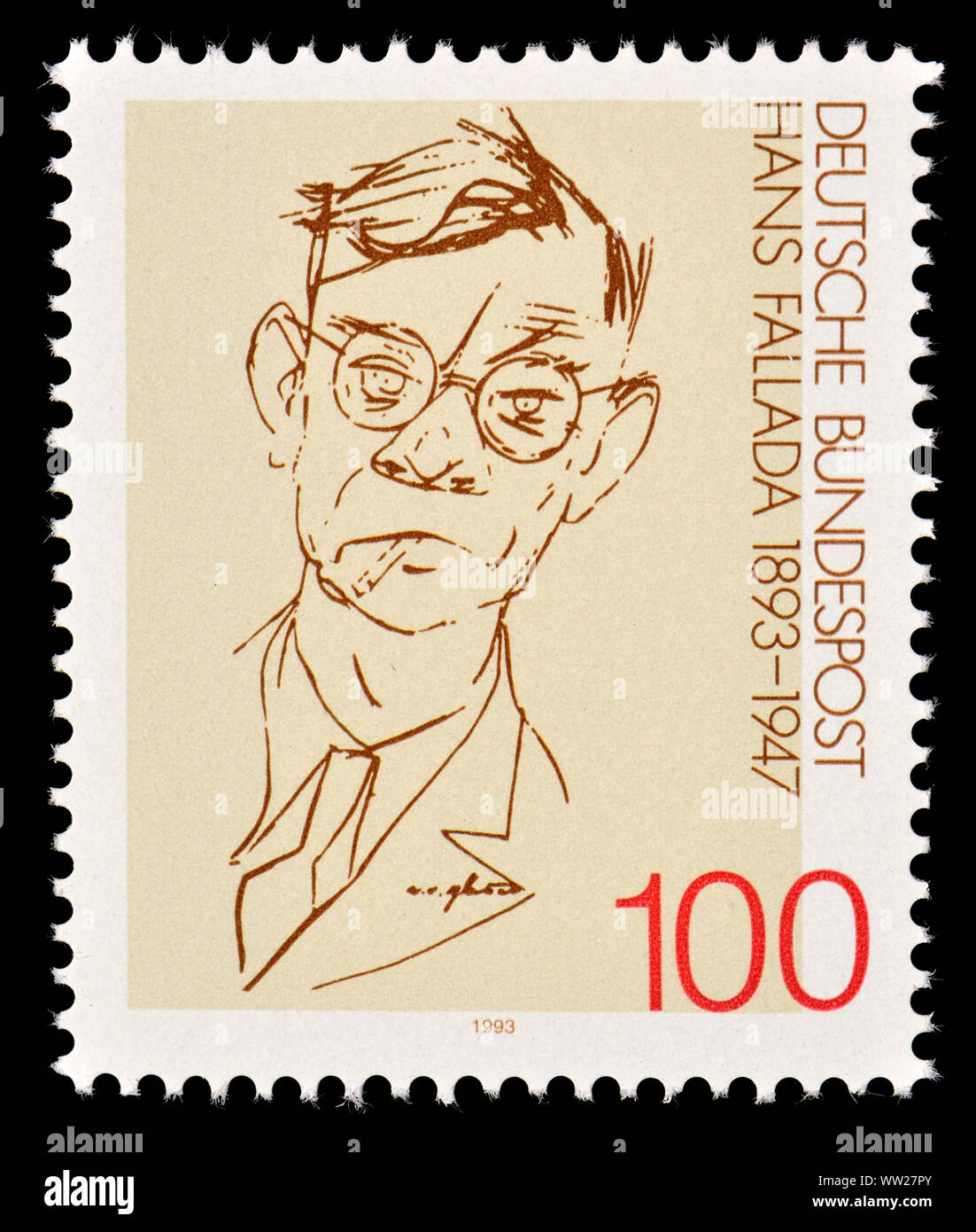 German postage stamp (1993) : Hans Fallada (born Rudolf Wilhelm Friedrich Ditzen:1893 –  1947) German writer Stock Photo