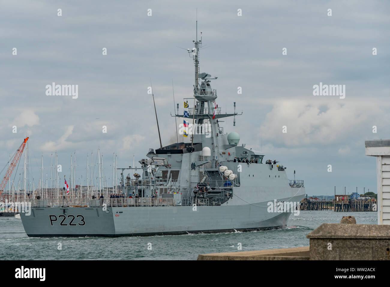 The new Royal Navy offshore patrol vessel HMS Medway (P223) arriving on