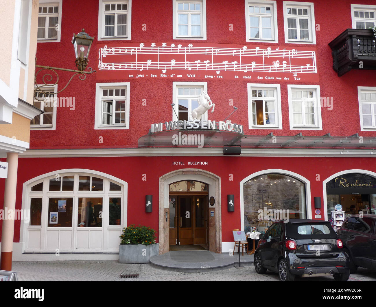 Famous Hotel Im weissen Roessl in St. Wolfgang at Lake Wolfgang in Upper Austria, pictured 4 August 2019. Photo: Beate Schleep | usage worldwide Stock Photo